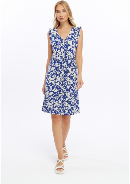 Shıft Dress-Önü Düğmeli Patlı Kolları Fırfır Örme Elbise