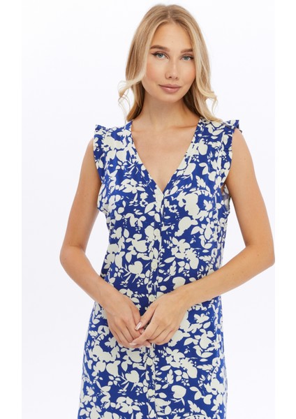 Shıft Dress-Önü Düğmeli Patlı Kolları Fırfır Örme Elbise