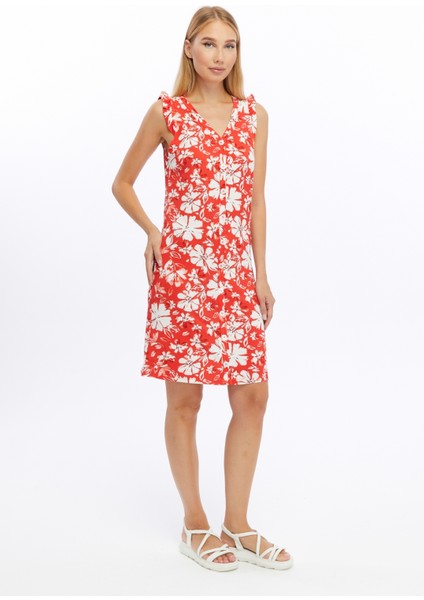 Shıft Dress-Önü Düğmeli Patlı Kolları Fırfır Örme Elbise