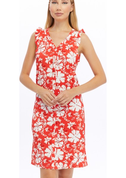 Shıft Dress-Önü Düğmeli Patlı Kolları Fırfır Örme Elbise