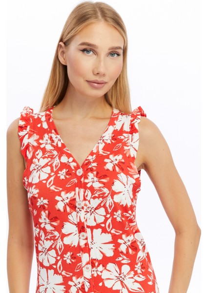 Shıft Dress-Önü Düğmeli Patlı Kolları Fırfır Örme Elbise