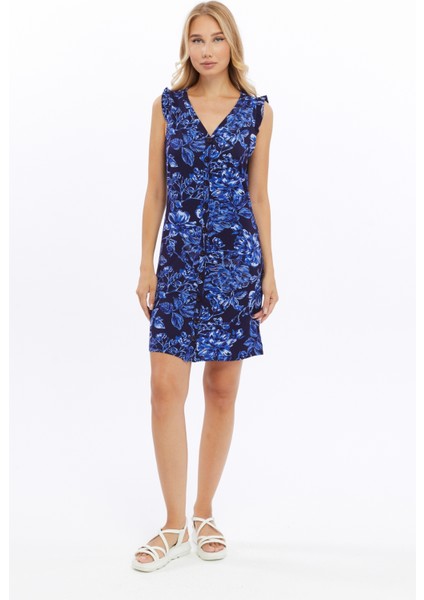 Shıft Dress-Önü Düğmeli Patlı Kolları Fırfır Örme Elbise
