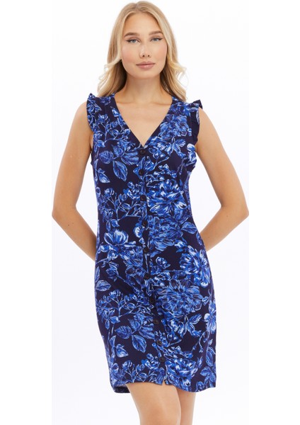 Shıft Dress-Önü Düğmeli Patlı Kolları Fırfır Örme Elbise