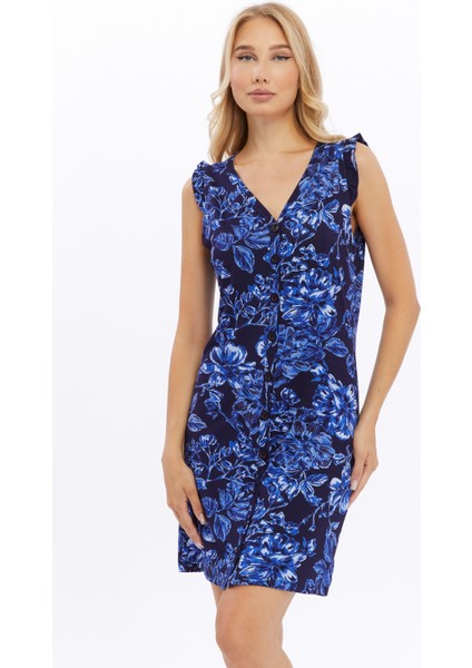 Shıft Dress-Önü Düğmeli Patlı Kolları Fırfır Örme Elbise