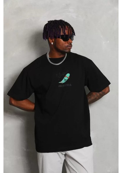 Oversize Baskılı Bisiklet Yaka T-Shirt - Siyah