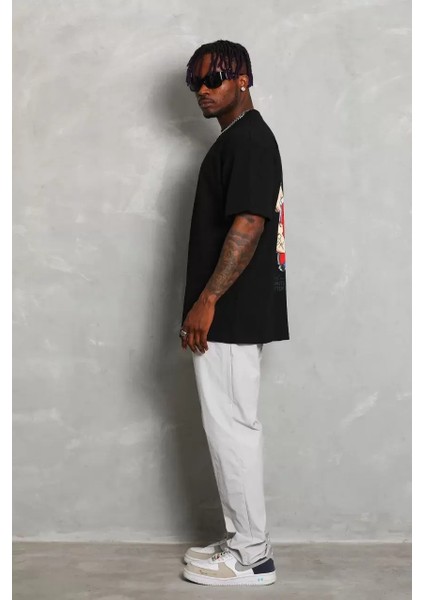 Oversize Baskılı Bisiklet Yaka T-Shirt - Siyah