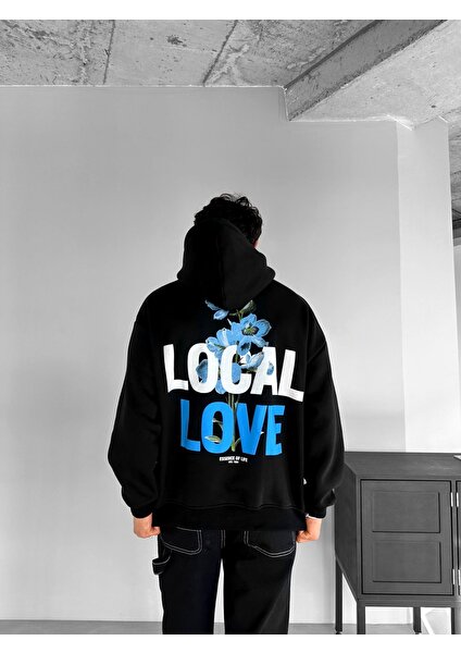 Abluka Online Oversize Local Love Baskılı Kapüşonlu Sweatshirt Siyah