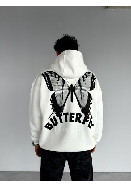 Abluka Online Oversize Butterfly Baskılı Hoodie Beyaz