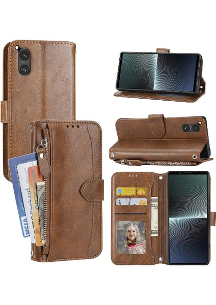 Sony Xperia 5 V Kickstand Kart Tutucu Askı Manyetik Pu Için Flip Case (Yurt Dışından)