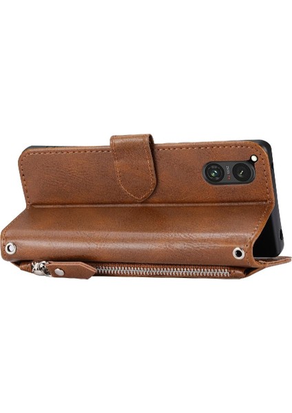Sony Xperia 5 V Kickstand Kart Tutucu Askı Manyetik Pu Için Flip Case (Yurt Dışından)