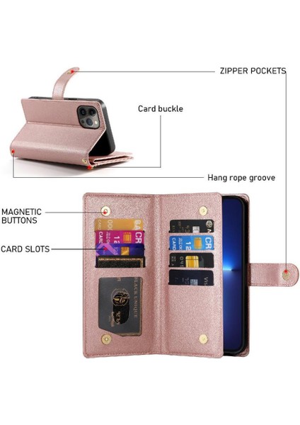 IPhone 13 Için Flip Case Pro Max Kickstand Çok Fonksiyonlu Kart Yuvaları Bilek (Yurt Dışından)