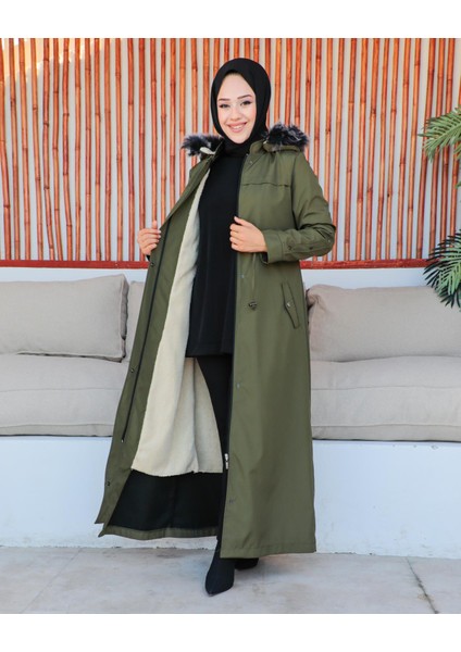 Kmkkombin Kadın Uzun Bondit Kumaş Çift Cepli Içi Kürklü Tesettür Mont Özaltay modelleri