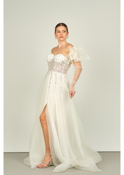 Kadın Straplez Seyyar Kol Taş Işlemeli Uzun Abiye Elbise 4132 Beyaz