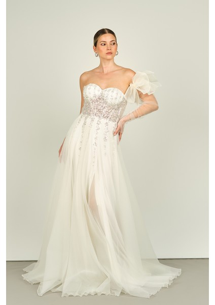 Kadın Straplez Seyyar Kol Taş Işlemeli Uzun Abiye Elbise 4132 Beyaz fiyatları