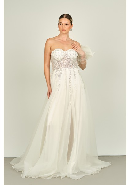 Kadın Straplez Seyyar Kol Taş Işlemeli Uzun Abiye Elbise 4132 Beyaz modelleri