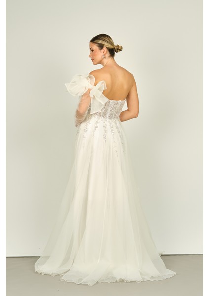 Kadın Straplez Seyyar Kol Taş Işlemeli Uzun Abiye Elbise 4132 Beyaz fırsatları