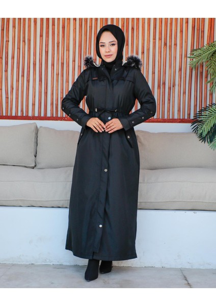 Kmkkombin Kadın Uzun Bondit Kumaş Çift Cepli Içi Kürklü Tesettür Mont Özaltay
