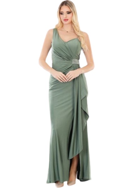 Mint Yeşili Askılı Bel Kısmında Taş Detaylı ve Önden Yırtmaçlı Boydan Balık Abiye Elbise