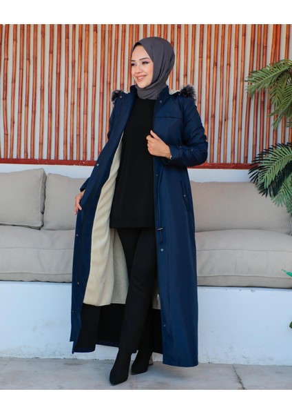 Kmkkombin Kadın Uzun Bondit Kumaş Çift Cepli Içi Kürklü Tesettür Mont Özaltay