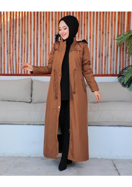 Kmkkombin Kadın Uzun Bondit Kumaş Çift Cepli Içi Kürklü Tesettür Mont Özaltay