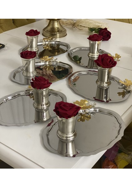 Çelik Oval 20*25 cm Sunum Tepsisi ve Kırmızı Güllü Gümüş Gül Kovası