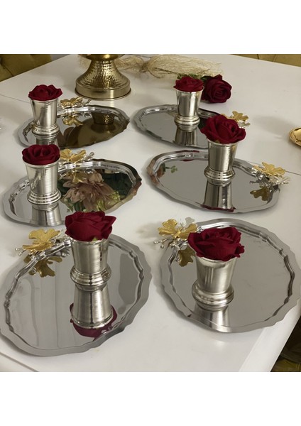 Çelik Oval 20*25 cm Sunum Tepsisi ve Kırmızı Güllü Gümüş Gül Kovası fiyatları