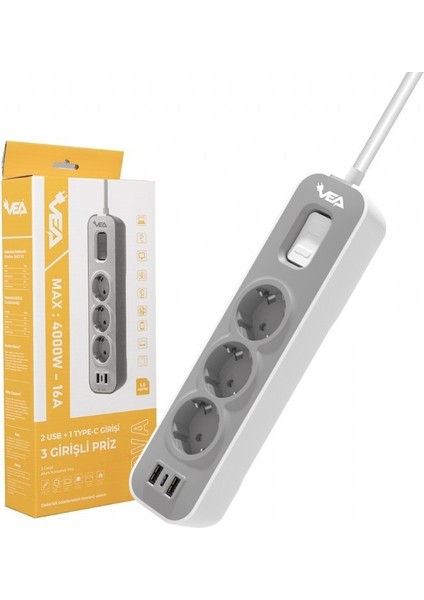 VE-NOVA103U A Class 3'lü 2 Usb'li Anahtarlı 1.5 Metre Akım Korumalı Priz fırsatları