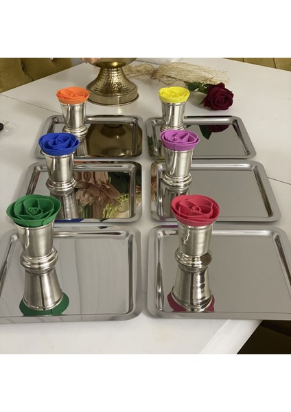 Çelik Kare Sunum Tepsisi ve Renkli Güllü Gümüş Makaronluk 6 Lı Takım
