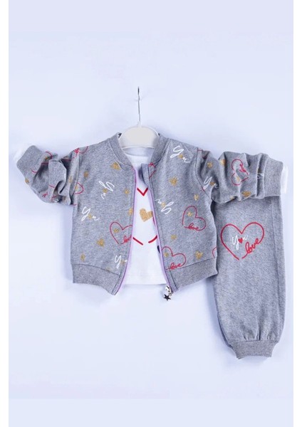 3-6-9-12-18 Ay Kız Bebek Takımı Kalp Desenli Hırkalı Pamuklu 3'Lü Gri