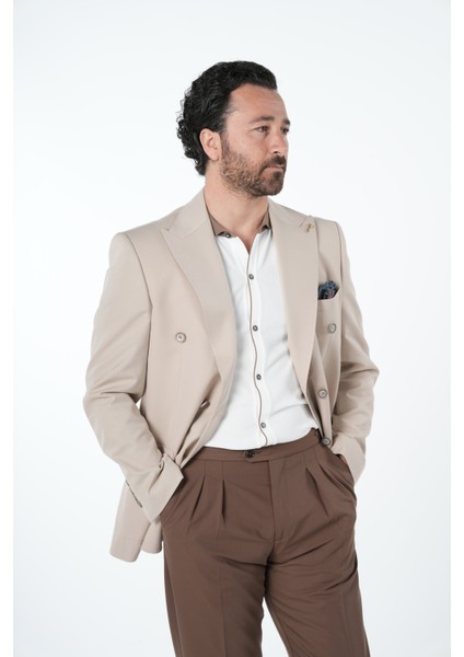 Erkek Premium Italyan Stil Slim Fit Erkek Punto Dikişli Torba Cepli Yarım Astarlı Kruvaze Ceket