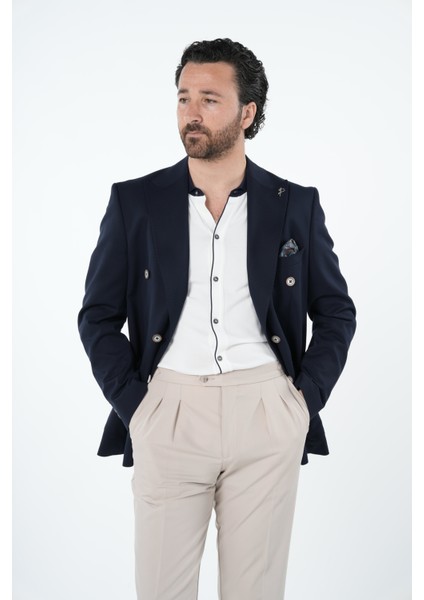 Erkek Premium Italyan Stil Slim Fit Erkek Punto Dikişli Torba Cepli Yarım Astarlı Kruvaze Ceket