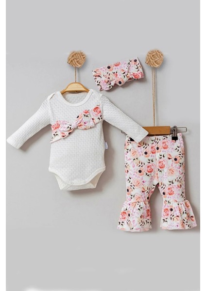 3-6-9-12 Ay Kız Bebek Takım Çiçek Desenli Fiyonklu 3'Lü Krem
