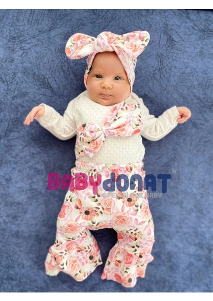 3-6-9-12 Ay Kız Bebek Takım Çiçek Desenli Fiyonklu 3'Lü Krem fiyatları