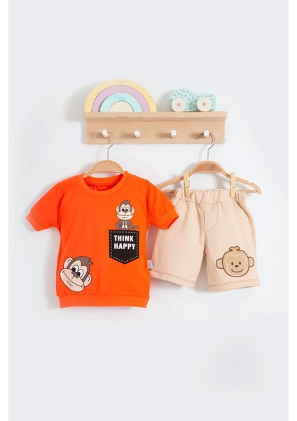 3-6-9-12-18 Ay Erkek Bebek Takım Maymun Desenli 2li Turuncu