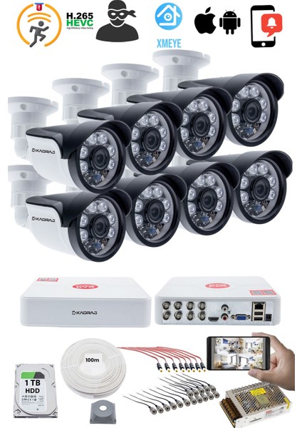 8'li Kamera Seti - 5mp Sony Seculensli 1080P, 6 Atom Led, Full Hd Ahd Güvenlik Kamerası Seti, Gece Görüşlü, IP66 , V1