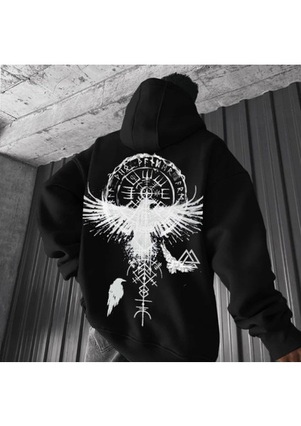 Büyük Beden Özel Tasarım Kapüşonlu Viking Valhalla Kartalı Sırt Baskılı Oversize Battal Erkek Sweatshırt