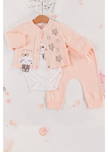 3-6-9 Ay Kız Bebek Takım Lovely Yıldız Desenli 3'Lü Hırkalı Somon
