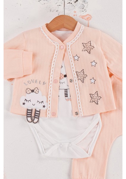 3-6-9 Ay Kız Bebek Takım Lovely Yıldız Desenli 3'Lü Hırkalı Somon fiyatları