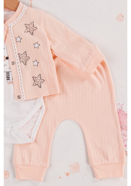 3-6-9 Ay Kız Bebek Takım Lovely Yıldız Desenli 3'Lü Hırkalı Somon modelleri