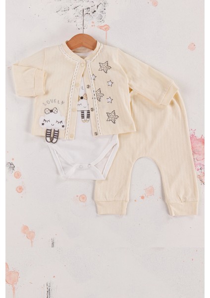 3-6-9 Ay Kız Bebek Takım Lovely Yıldız Desenli 3'Lü Hırkalı Krem