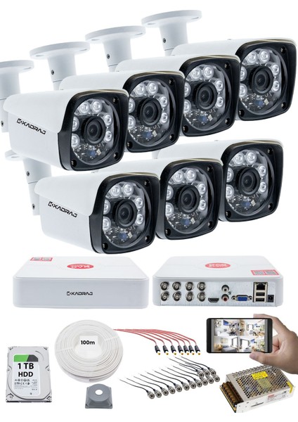 7'lı Kamera Seti - 5mp Sony Seculensli 1080P Full Hd, 6 Atom Led, Ahd Güvenlik Kamerası Seti, Gece Görüşlü, Metal Kasa, V1