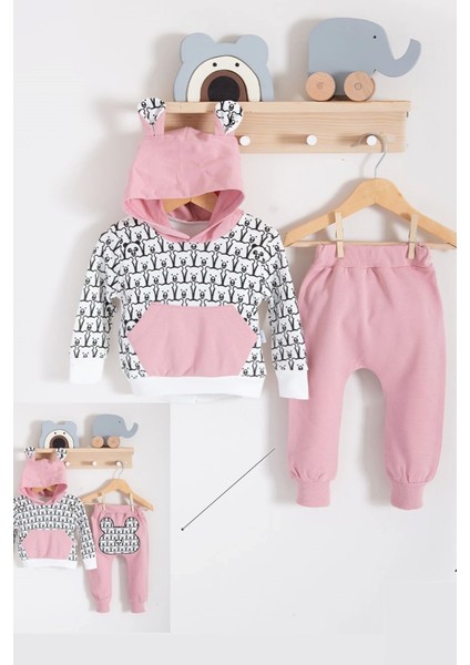 3-6-9-12-18 Ay Kız Bebek Takımı Minik Ayıcıklar Desenli 2'Li %100 Pamuk Pembe