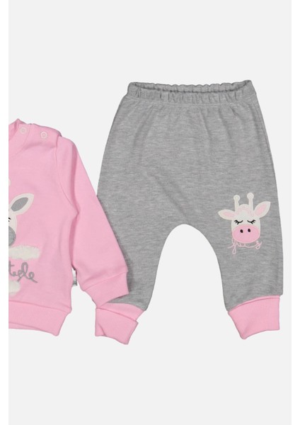 3-6-9 Ay Kız Bebek Takımı Zürafa Nakışlı %100 Pamuk Pembe modelleri