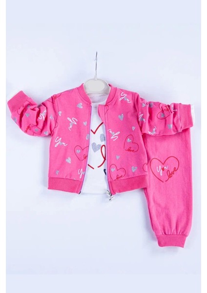 3-6-9-12-18 Ay Kız Bebek Takımı Kalp Desenli Hırkalı Pamuklu 3'Lü Pembe