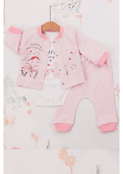 3-6-9 Ay Kız Bebek Takım Happy Dancing Desenli 3'Lü Hırkalı Pembe