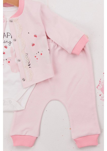 3-6-9 Ay Kız Bebek Takım Happy Dancing Desenli 3'Lü Hırkalı Pembe fiyatları