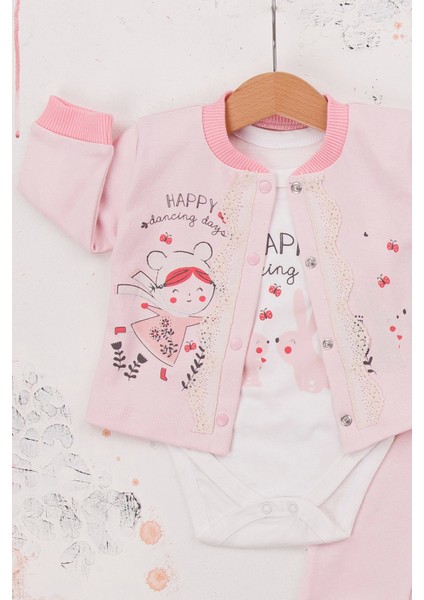 3-6-9 Ay Kız Bebek Takım Happy Dancing Desenli 3'Lü Hırkalı Pembe modelleri