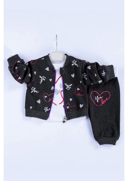 3-6-9-12-18 Ay Kız Bebek Takımı Kalp Desenli Hırkalı Pamuklu 3'Lü Siyah