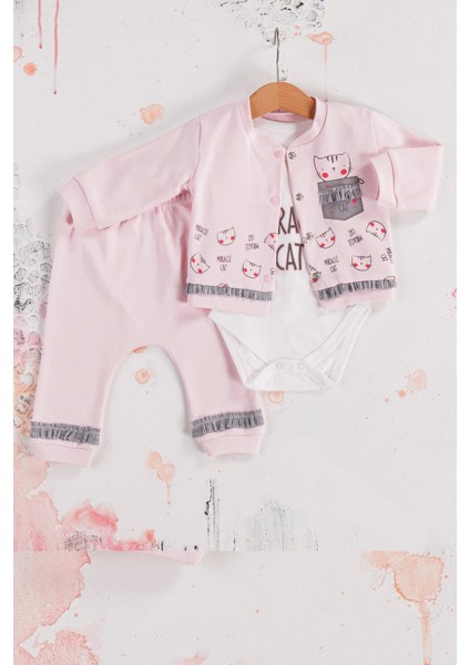 3-6-9 Ay Kız Bebek Takım Kedi Desenli 3'Lü Hırkalı Açık Pembe