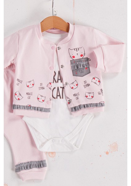 3-6-9 Ay Kız Bebek Takım Kedi Desenli 3'Lü Hırkalı Açık Pembe fiyatları